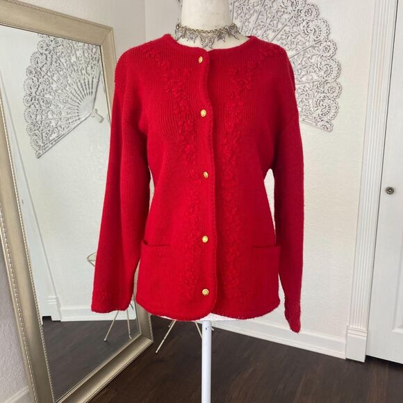 Chunky Vintage Bright Red Flower Floral Embroidered Knit Button Up Cardigan M - Picture 2 of 8